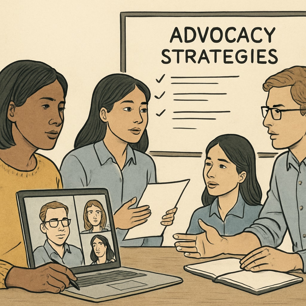 Educators holding a virtual planning session discussing advocacy strategies. Teachers collaborating online to organize