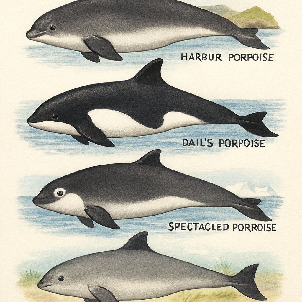 A detailed illustration of different porpoise species, showcasing their unique features and habitats. Porpoises and their unique physical traits, highlighting marine species classification.