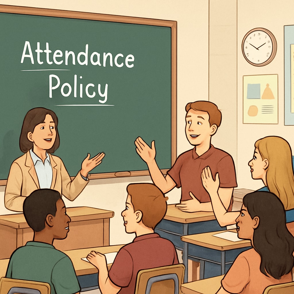 Students and teacher discussing school attendance policies.