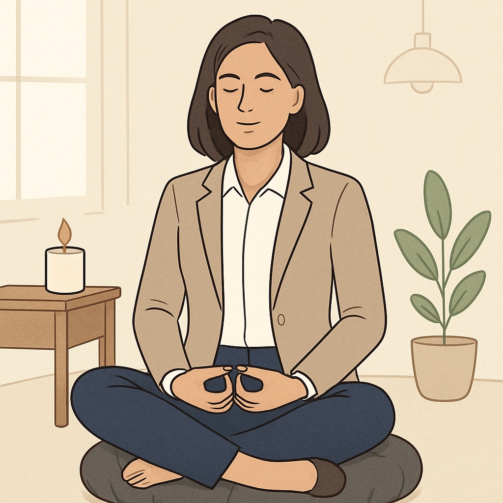 A professional woman practicing mindfulness techniques inspired by Sadhguru, seated in a calm environment. Woman practicing mindfulness inspired by Sadhguru’s teachings