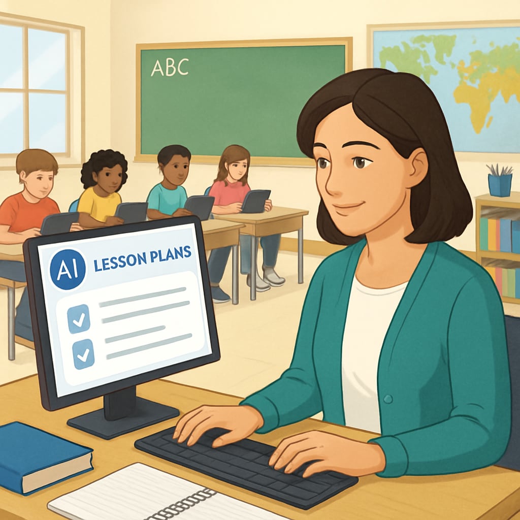 Teacher using AI tools to plan lessons, students working on tablets.