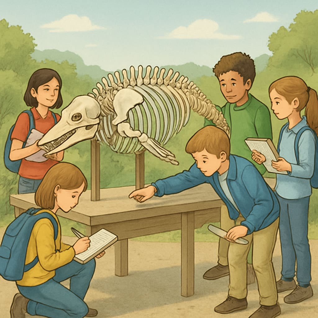A group of students observing a porpoise skeleton during a field trip, highlighting hands-on learning. Students learning about porpoise skeletons during a marine biology field trip.