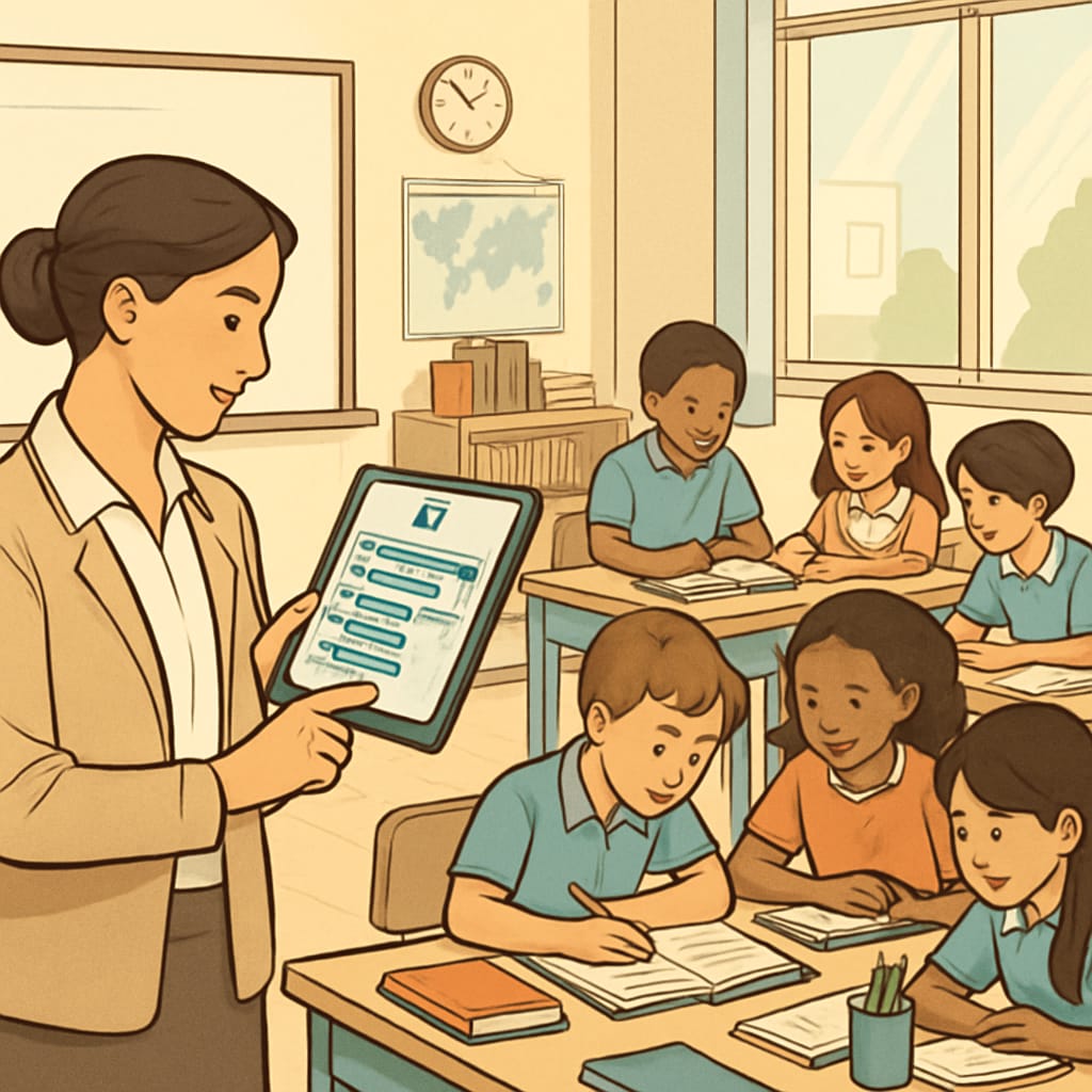Teacher using AI tablet to monitor student progress, classroom activity.