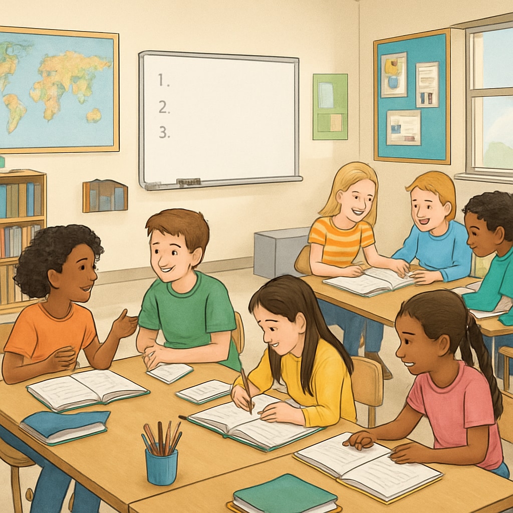 A classroom in the United States emphasizing inclusivity and group learning approaches. Students in an American classroom engaging in collaborative learning activities.