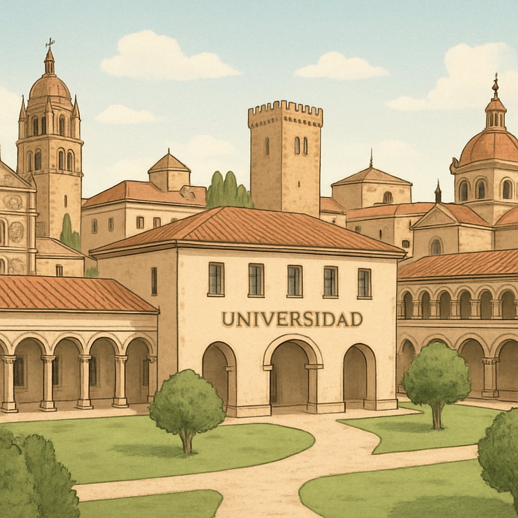 A picturesque view of a Spanish university campus surrounded by historic architecture. Spanish university campus with historic buildings and students walking.