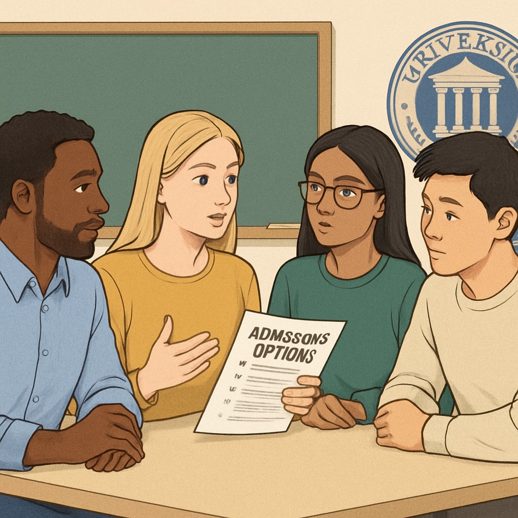 A group of international students discussing admissions options in an affordable university setting International students discussing affordable university options for AS Level admissions