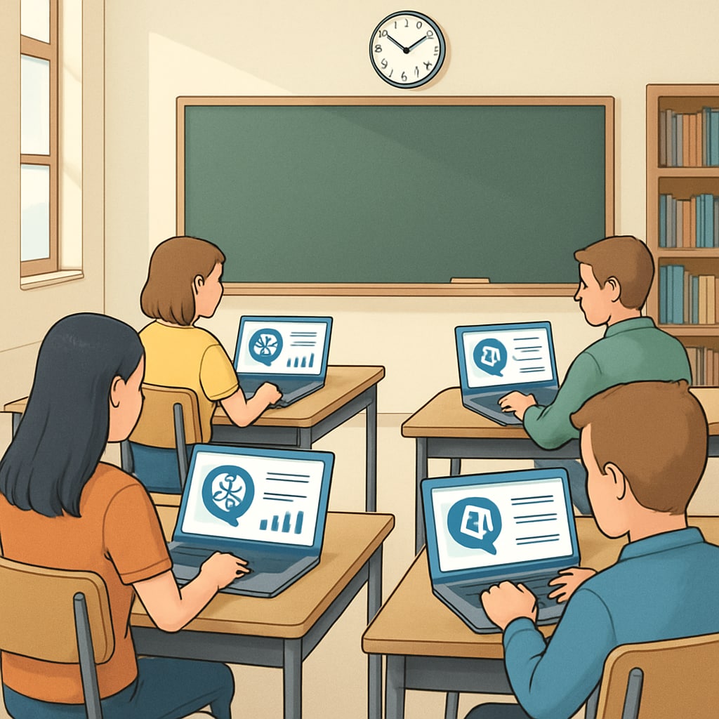 Students using laptops with AI subscription tools in a classroom setting