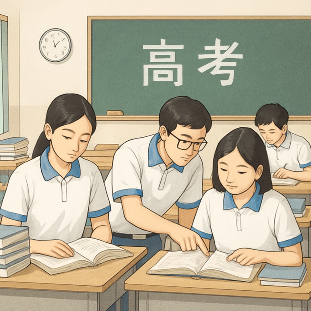 A group of Chinese students preparing for the gaokao in a traditional classroom setting. Chinese students intensely studying for the gaokao in a competitive learning environment.