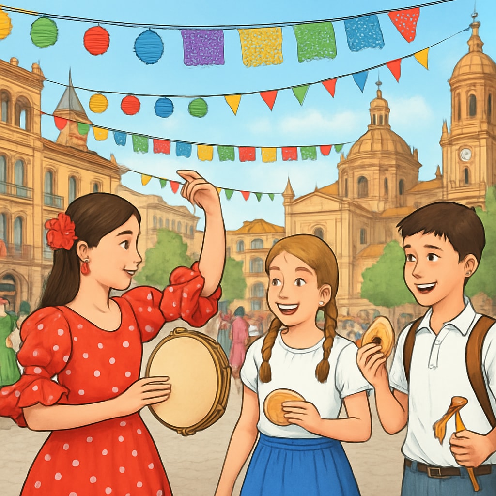 Students enjoying a traditional Spanish festival in a vibrant city square. Students participating in a colorful Spanish festival in a busy plaza.
