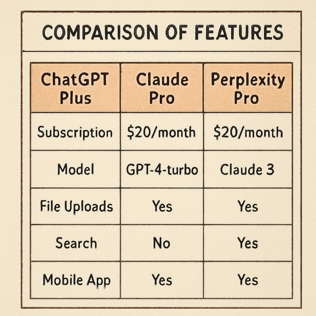 Feature comparison chart for AI subscription services in education