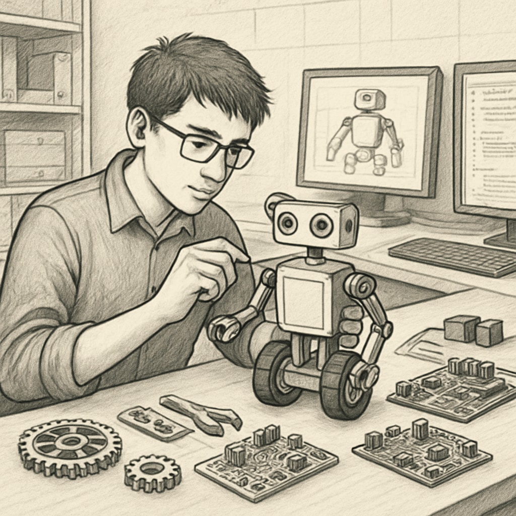 A student working on a robotic prototype in a lab, combining mechanical engineering and computer science skills.