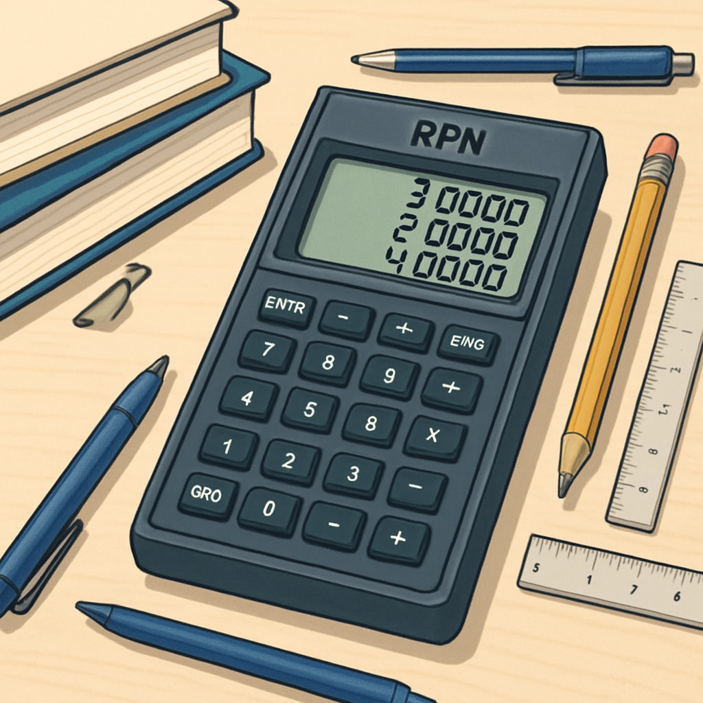 A modern RPN calculator displayed on a desk, surrounded by textbooks and stationery. An RPN calculator used in K12 math education.