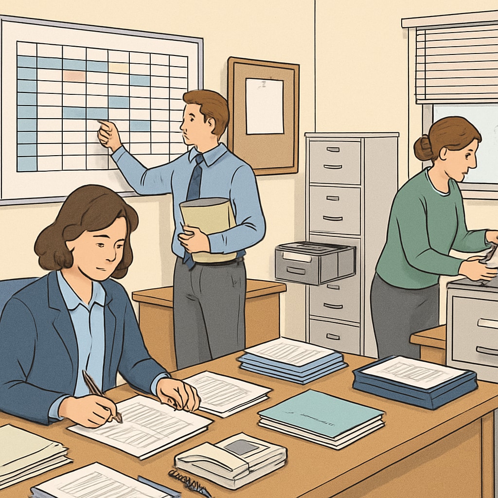 A school administrative office with staff organizing schedules and documents. School administrative office staff working, related to non-teaching careers in K12 education.