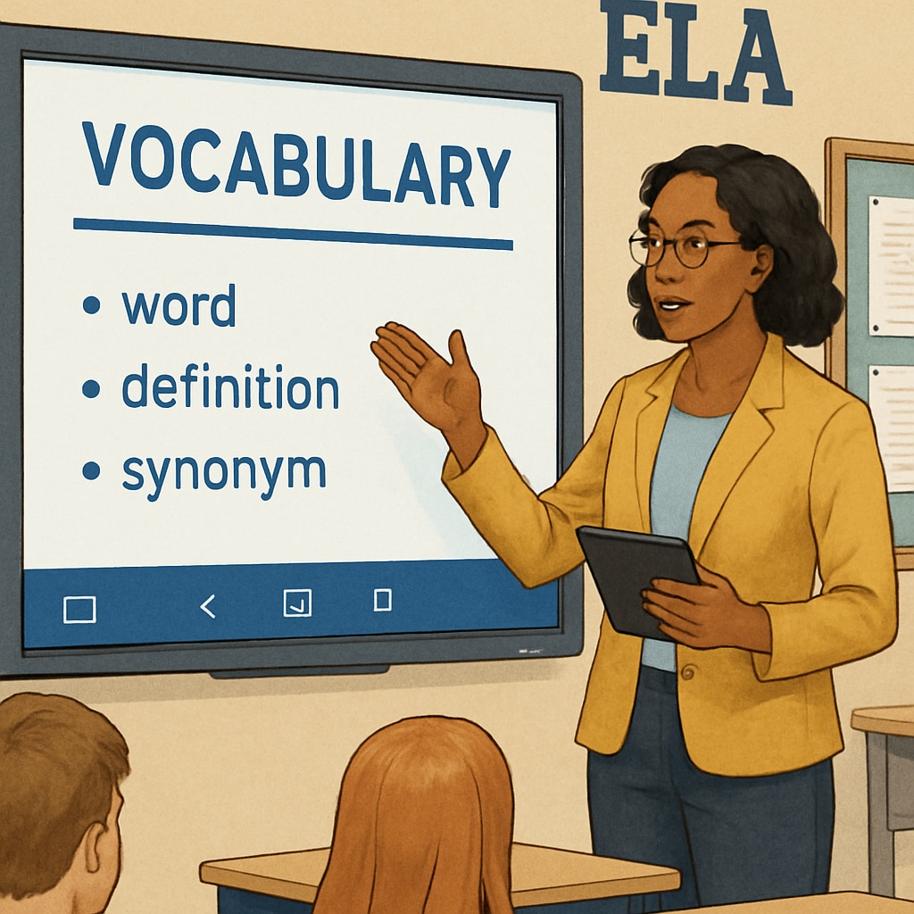 A teacher using a digital whiteboard to explain vocabulary words, showcasing the integration of technology in ELA teaching. A teacher leveraging technology for vocabulary instruction in ELA modules.