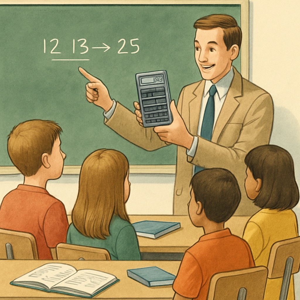 A teacher demonstrating the use of an RPN calculator to a group of K12 students in a classroom setting. A classroom scene with students learning about RPN calculators.