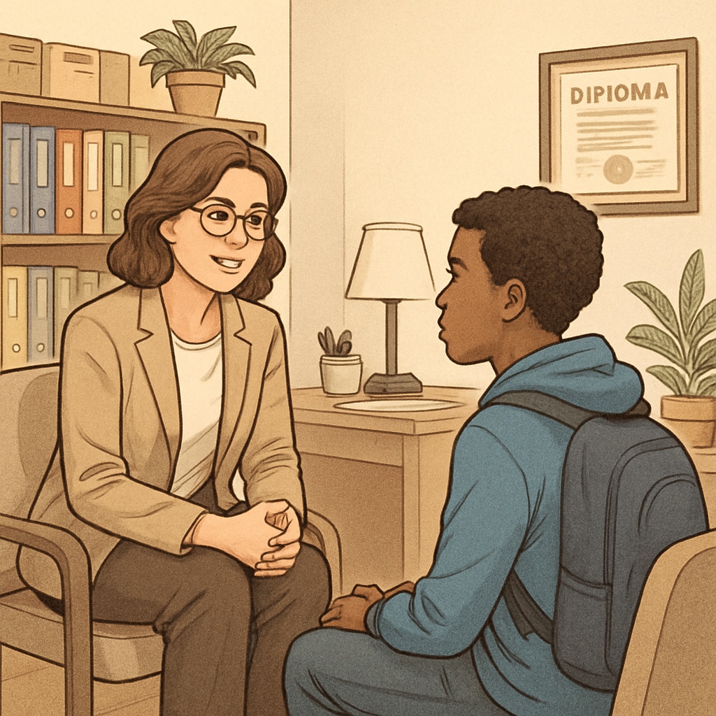 A school counselor working one-on-one with a student in a counseling office. School counselor helping a student, showcasing non-teaching support roles in education.