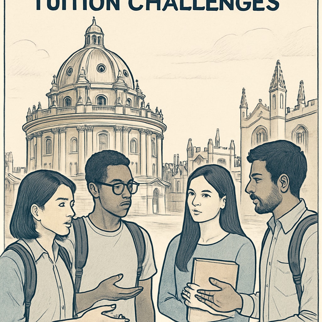 International students discussing tuition challenges in front of Oxford University.