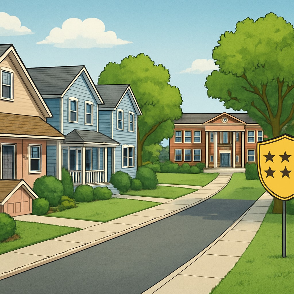 A suburban neighborhood with homes showcasing proximity to a highly ranked school district in the United States. Suburban homes near a top-rated school district highlighting the link between school district rankings and property value.