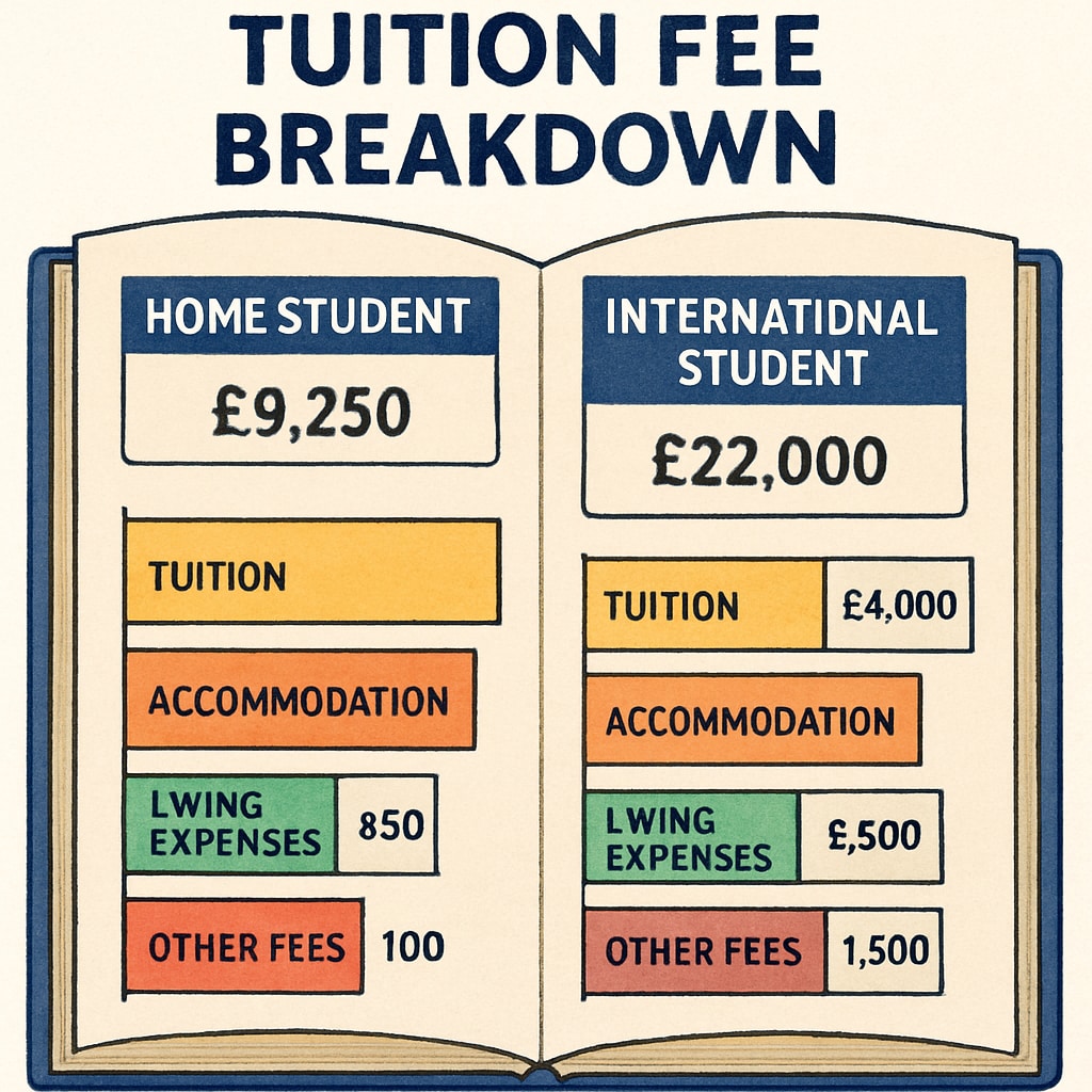 Tuition fee breakdown comparing home and international student costs.