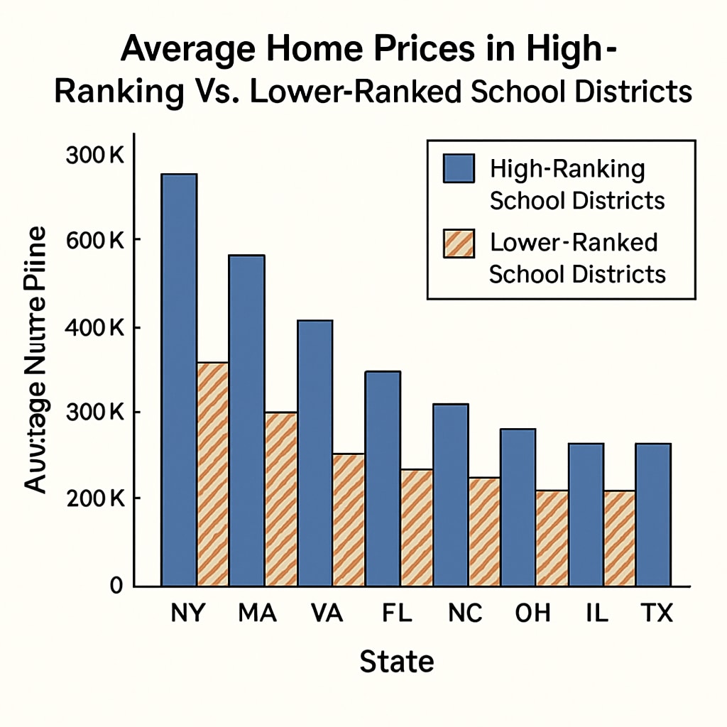 A graph comparing average home prices in high-ranking school districts versus lower-ranked ones across various U.S. states. Graph illustrating the difference in property values between high-performing and average school districts.