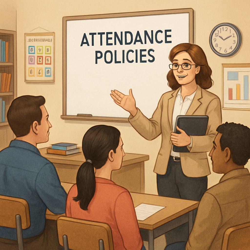 A teacher explaining attendance policies to parents, illustrating the need for collaboration.