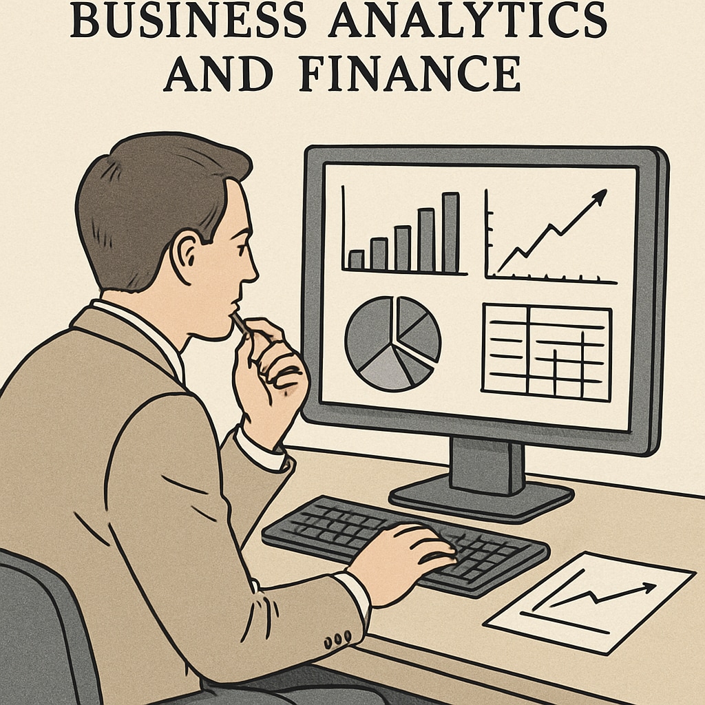 A professional analyzing data charts on a computer, representing business analytics and finance skills in action. Business Analytics and Finance career skills represented by data charts on a computer screen.