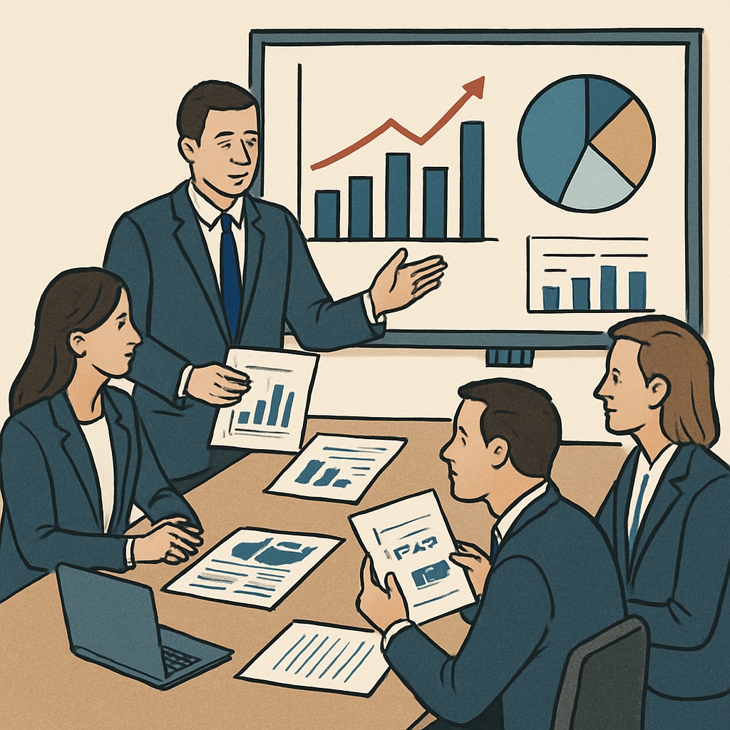 A corporate meeting showcasing professionals discussing data insights and financial strategies. Professionals discussing business analytics and finance strategies in a corporate setting.