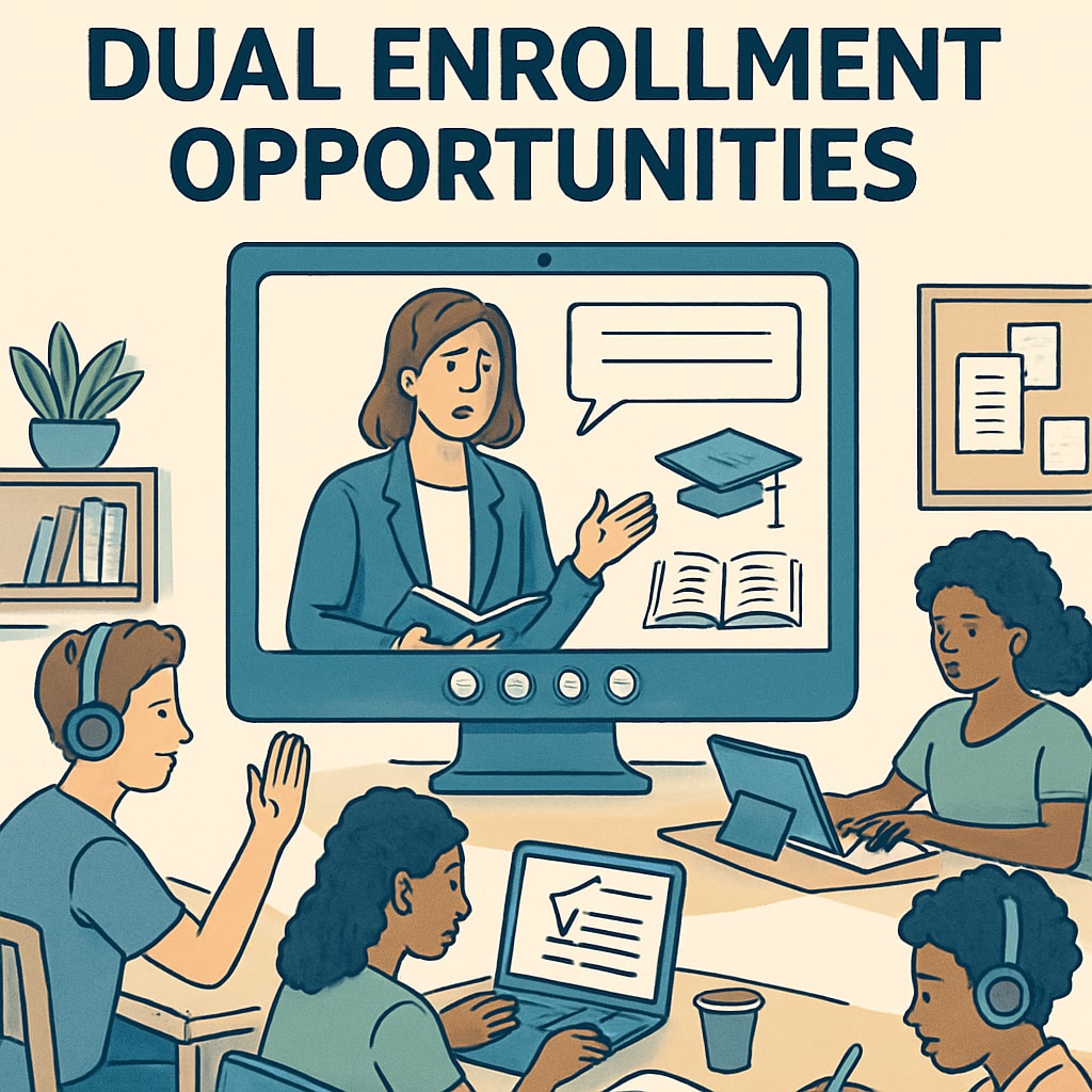 A virtual classroom setting with students engaging in a lecture, representing online dual enrollment opportunities. ASU dual enrollment virtual classroom for advanced middle schoolers.