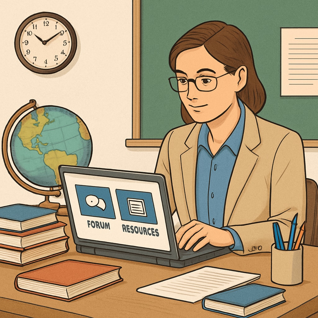 A teacher browsing Reddit education subreddits on a laptop.