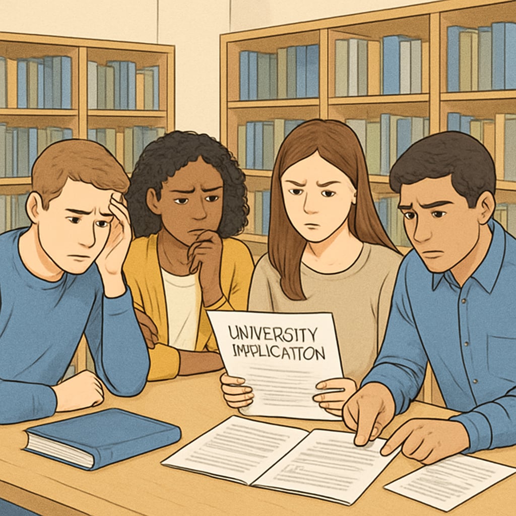 Students reviewing application documents, highlighting university application challenges.