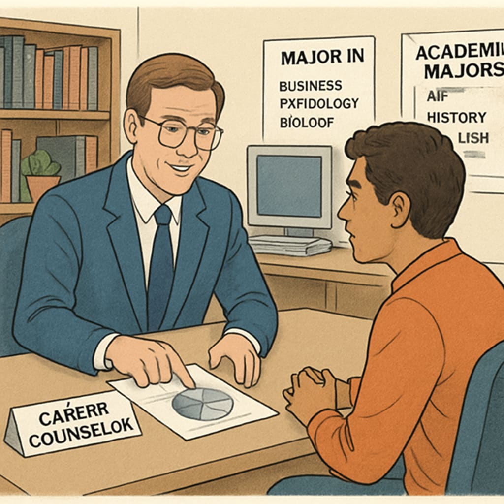 Counselor helping a student choose a major, showcasing university application guidance.