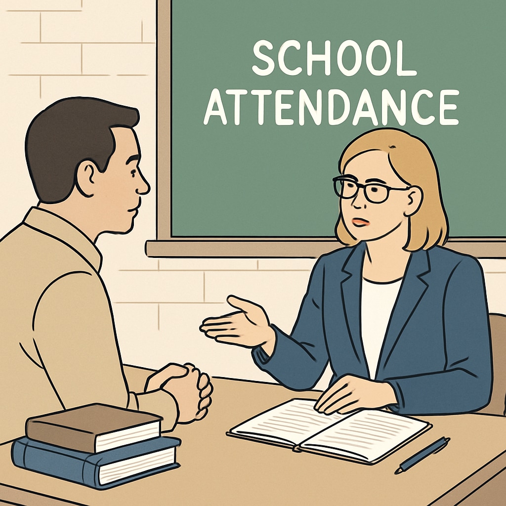 Parent and teacher discussing school attendance policies and concerns.