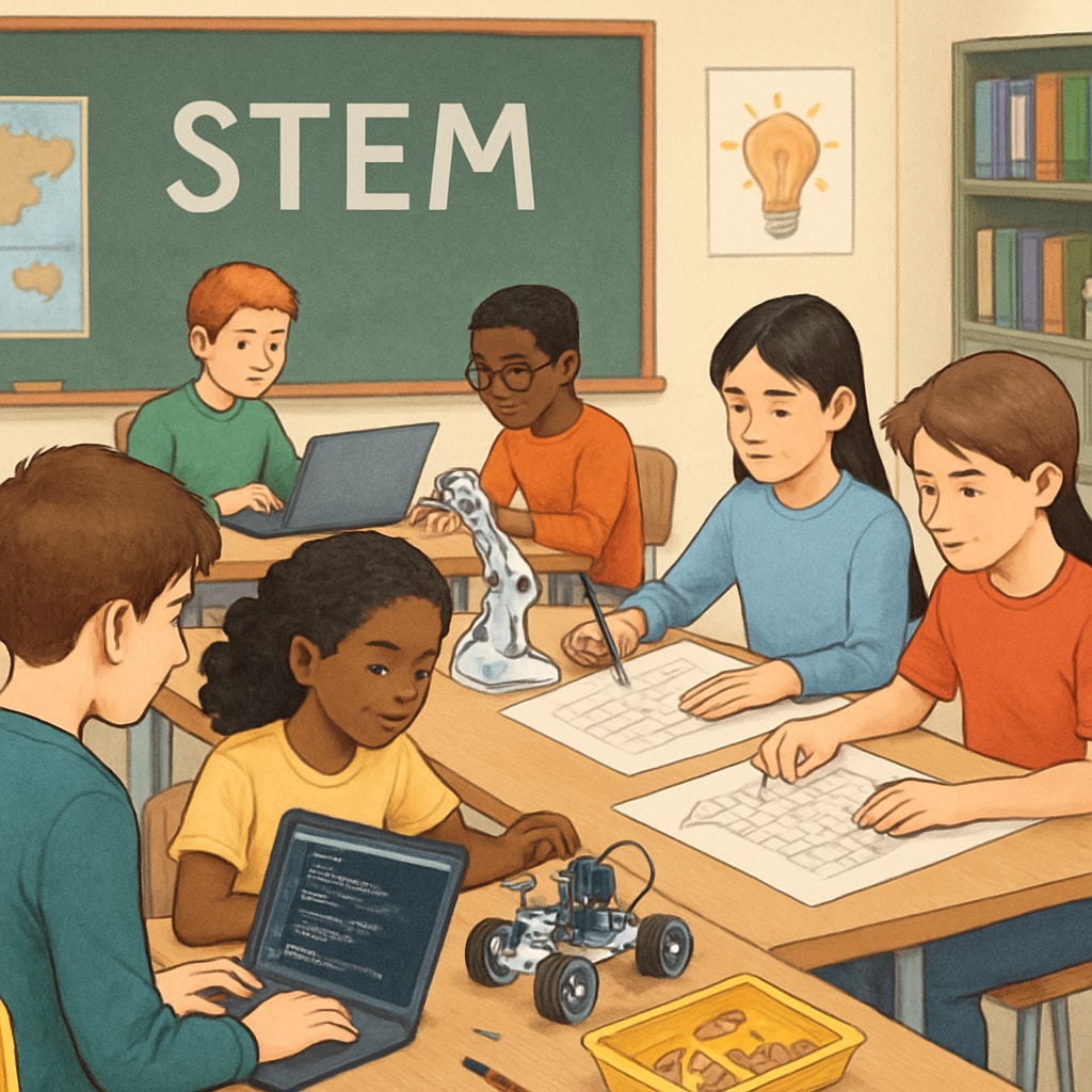 A classroom setting with students actively engaged in STEM-related projects, such as coding, robotics, or engineering designs. STEM-focused classroom activity in U.S. high schools.
