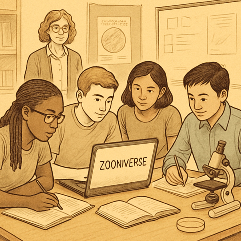 Students collaborating in a classroom while working on a citizen science project via Zooniverse. Students working on a citizen science project with Zooniverse in a classroom setting.