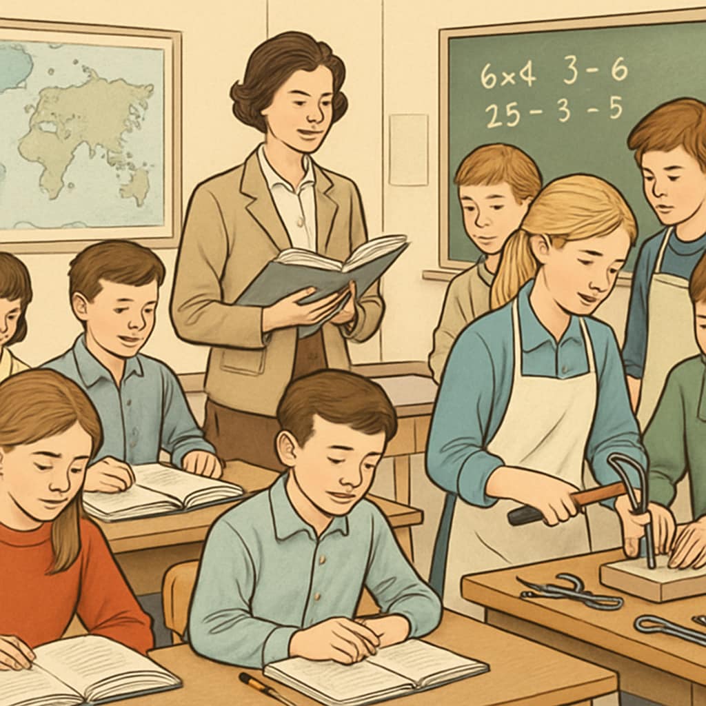 A classroom with students engaged in both academic and hands-on learning activities, illustrating the balance between theoretical and practical education. A classroom demonstrating the balance between academic and practical learning.