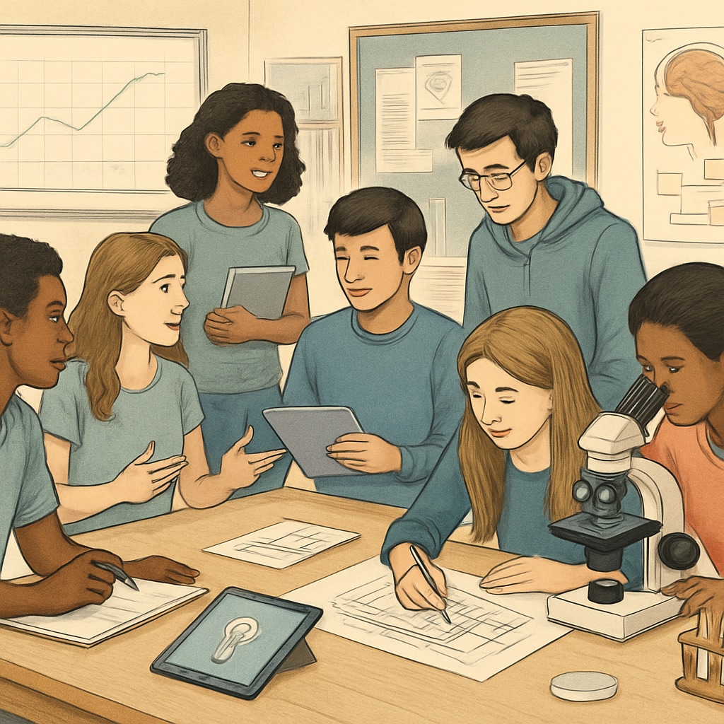 A diverse group of high school students collaborating on a workshop that integrates STEM and humanities, demonstrating interdisciplinary learning. High school students in a STEM and humanities workshop.