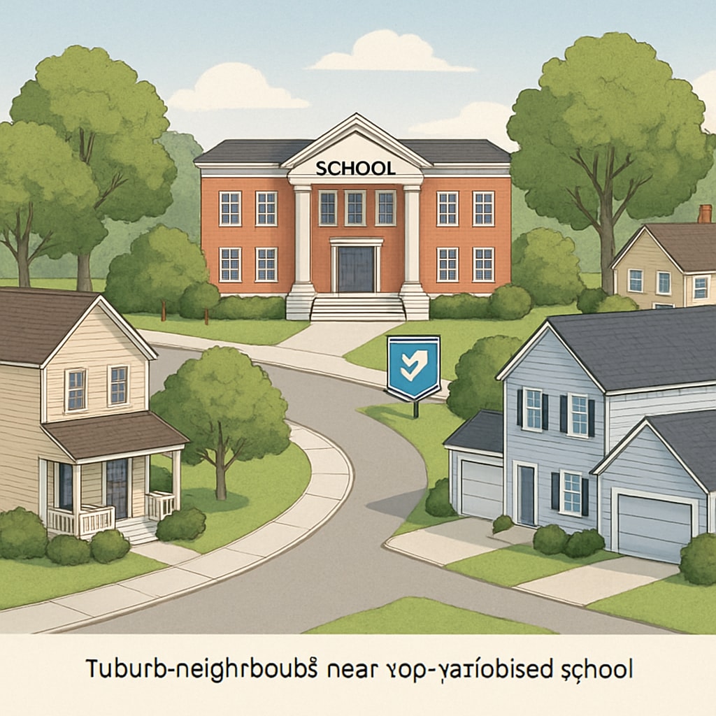 A suburban neighborhood with homes near a top-rated school. The image shows tree-lined streets and well-maintained properties reflecting the premium associated with school district rankings. Real estate in a high-ranking school district reflecting the link between school district rankings, property value, and education choices.