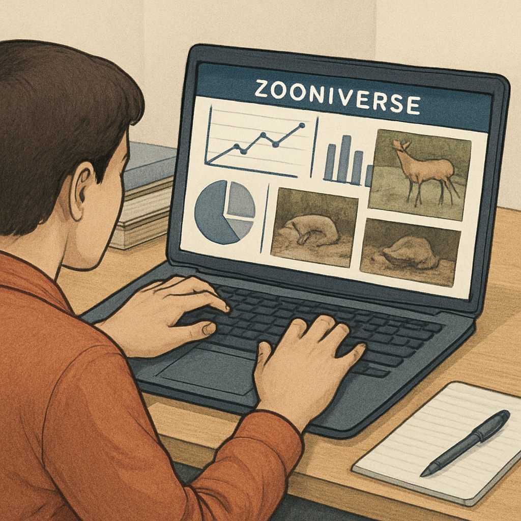 Close-up of a student analyzing wildlife data on a laptop using Zooniverse. Student analyzing wildlife data using Zooniverse platform.