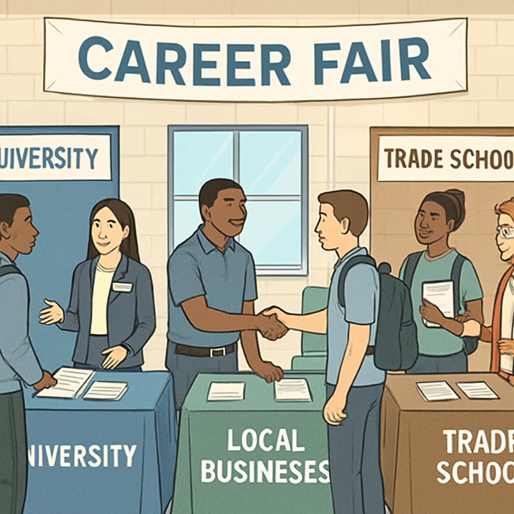 A career fair at a high school, showcasing booths from universities, local businesses, and trade schools to highlight diverse opportunities. A high school career fair demonstrating diverse career and educational paths.