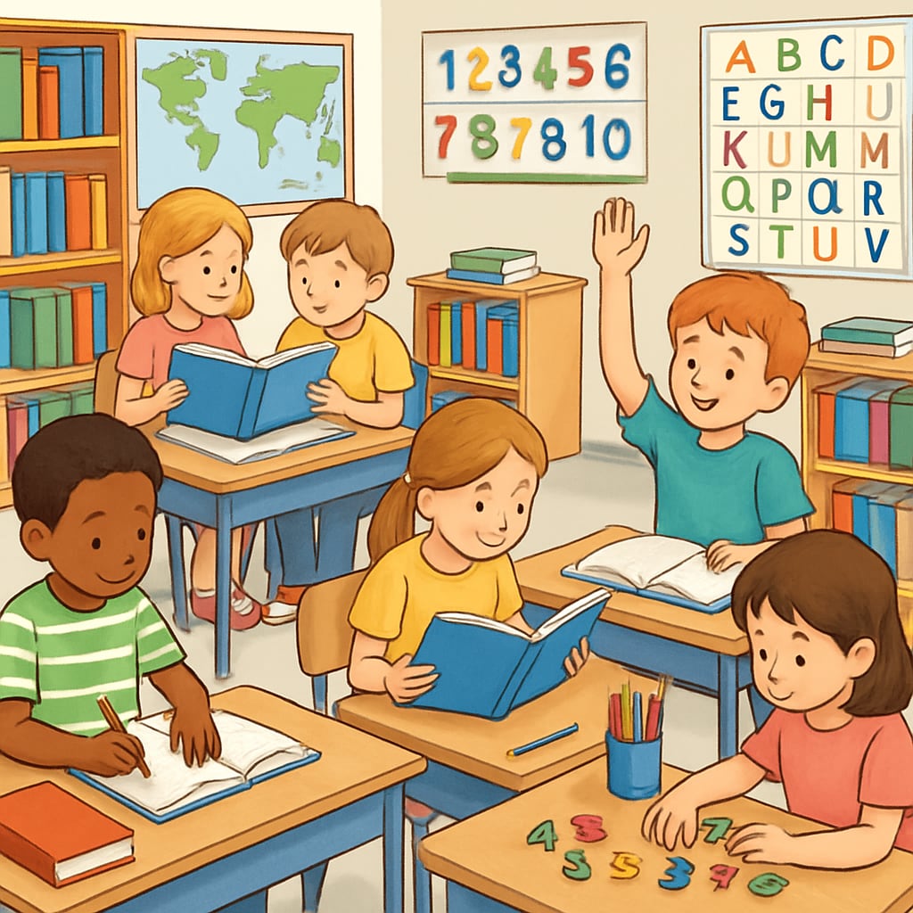 A classroom of six- and seven-year-old children learning together, with colorful books and educational posters visible. Year One children learning with books and posters related to social studies