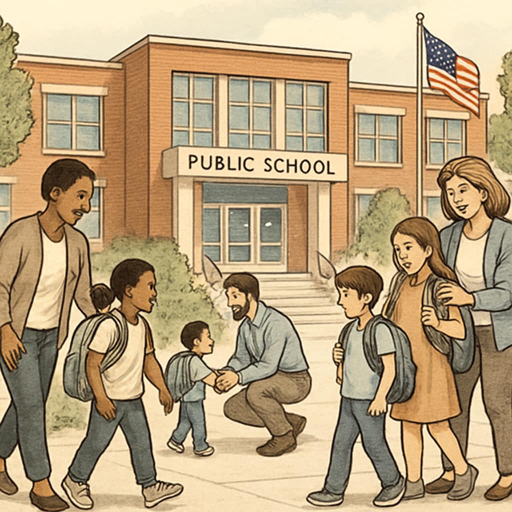 Parents dropping off children at a highly-rated public school. The image captures the daily routine of families prioritizing education choices in their housing decisions. Families choosing homes in top school districts as part of their education and housing strategy.