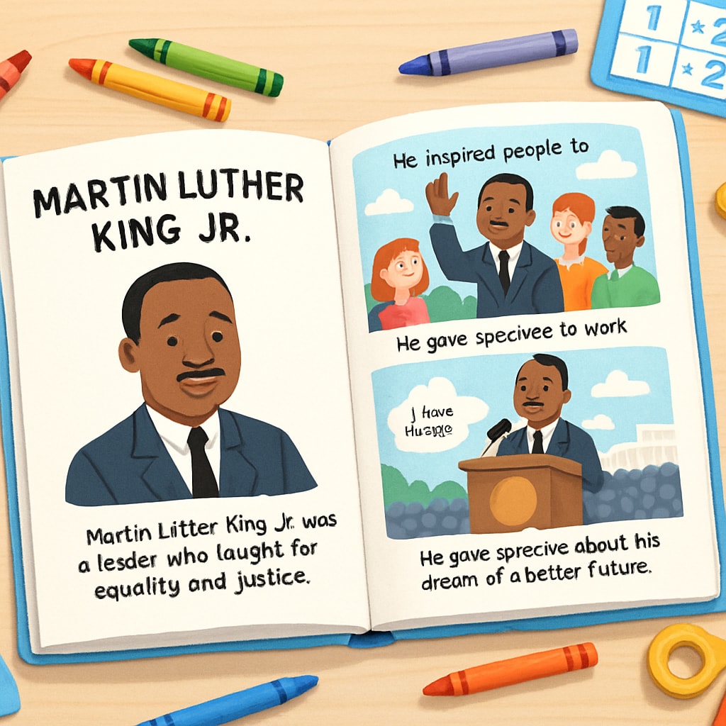 An illustrated children's book about Martin Luther King Jr., opened on a table surrounded by crayons and child-friendly educational materials. Children's book about Martin Luther King Jr. used for Year One education