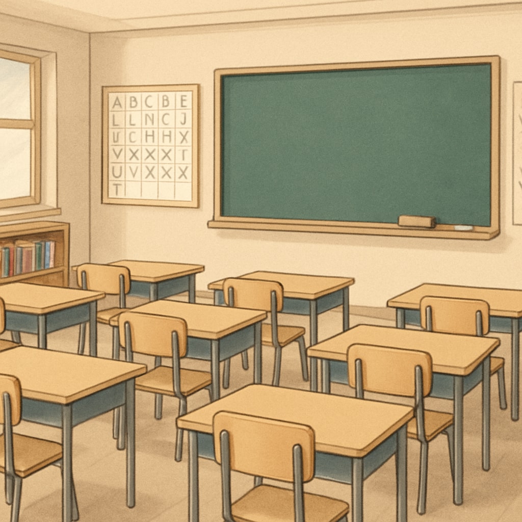 An elementary school classroom with empty desks, symbolizing isolation punishment. Elementary classroom showing empty desks as a metaphor for isolation punishment.