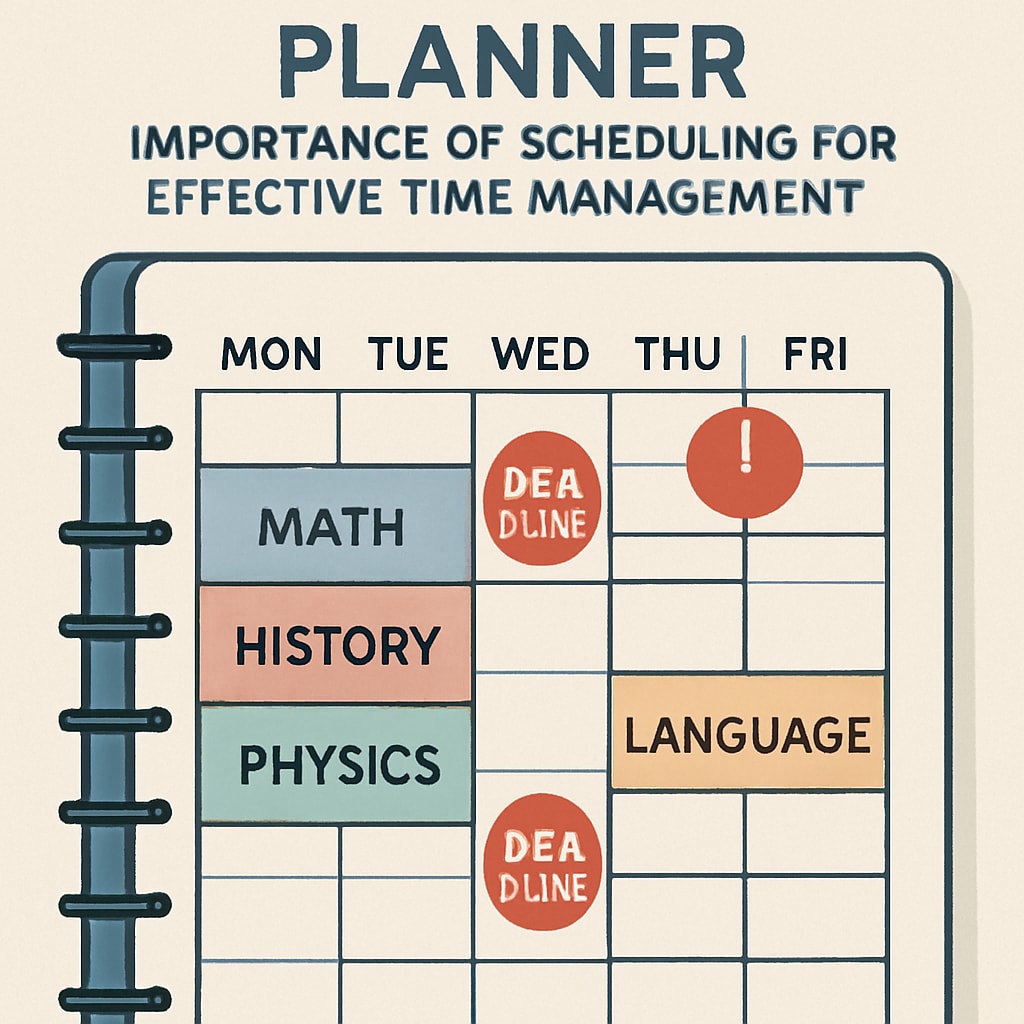 A planner with subject-wise study slots and marked deadlines. This image highlights the importance of scheduling in effective time management. Planner showing time management strategies for physics backlogs and exam preparation.