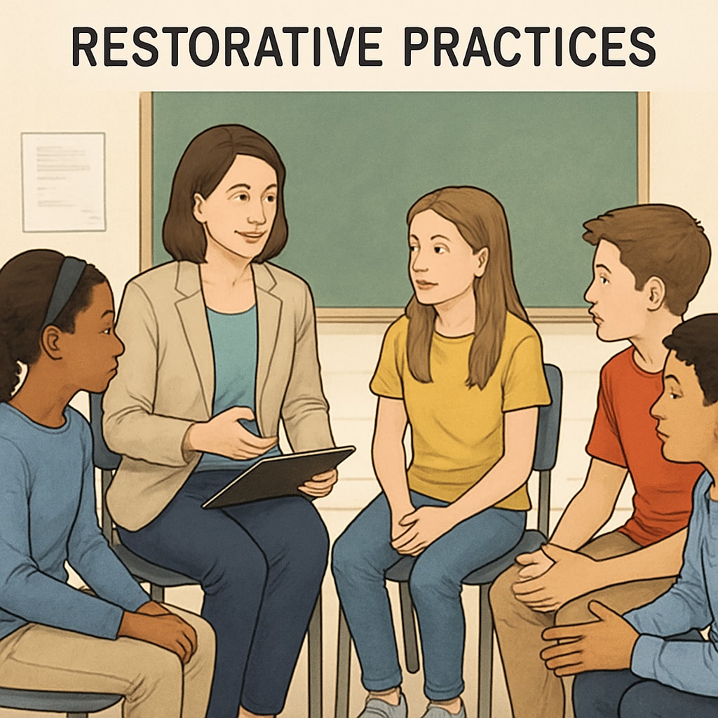 A teacher and students engaging in a group discussion, showcasing restorative practices in action. Restorative practices in a classroom with a teacher and students in discussion.