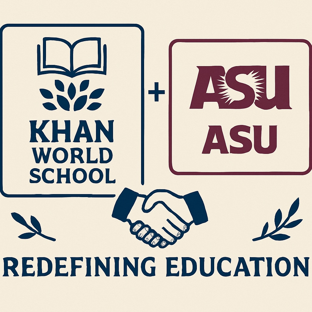 A graphic depiction of Khan World School and ASU logos, signifying the partnership and shared mission to redefine education. Khan World School and ASU partnership logo graphic for dual enrollment program.