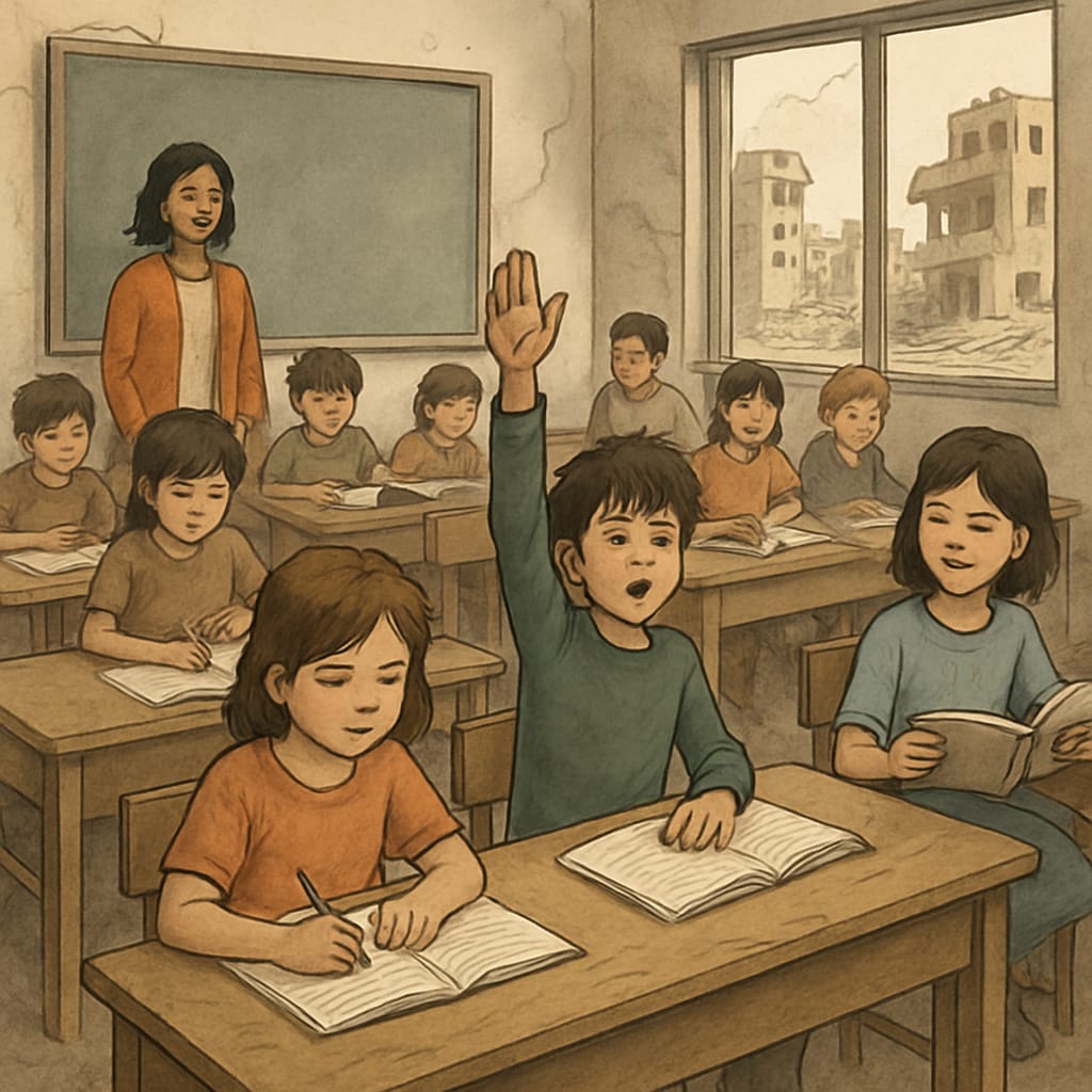 Children in a classroom in a war-affected area, highlighting global educational needs.