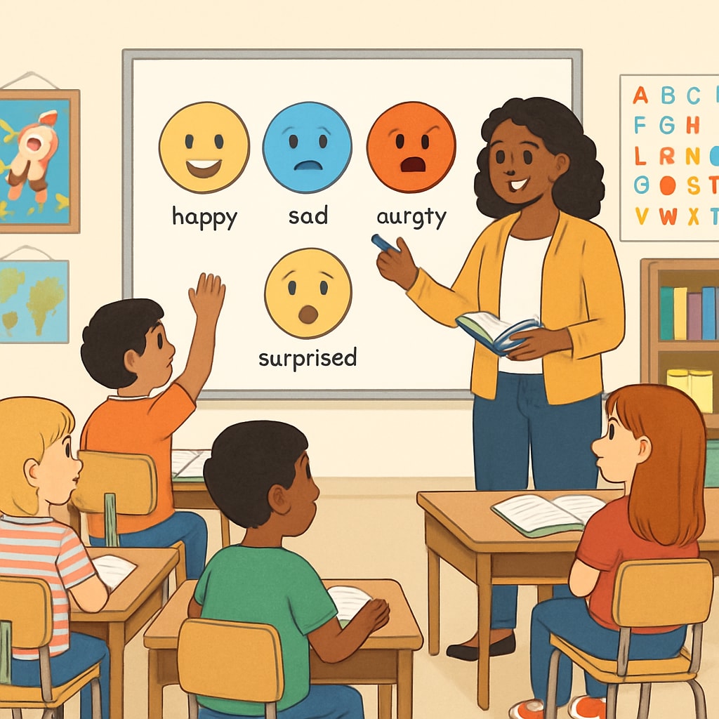 An illustration of children learning about emotions in a classroom setting. Children learning about emotions in a classroom, linking to emotional education and child development.