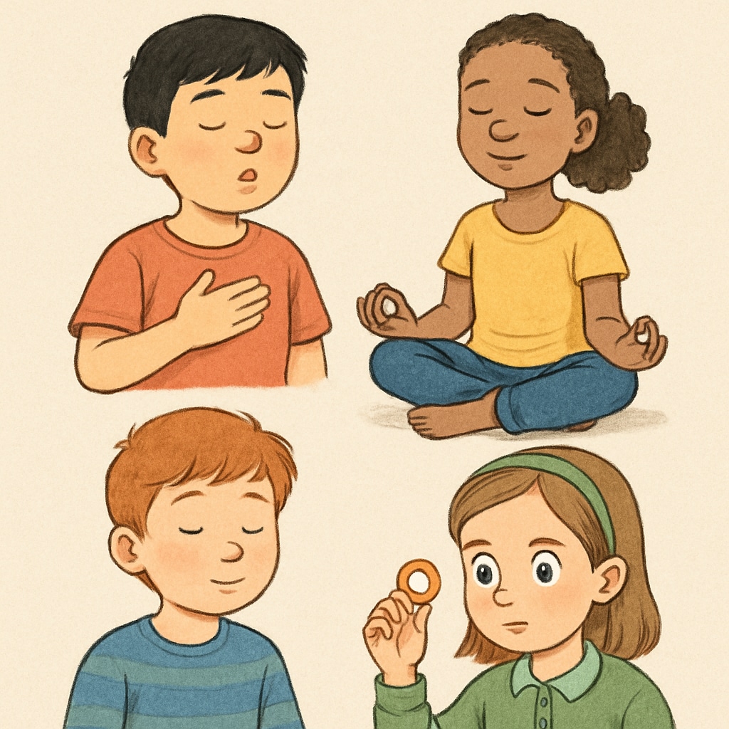 A group of children practicing mindfulness activities to enhance emotional awareness. Children practicing mindfulness to develop emotion management skills.