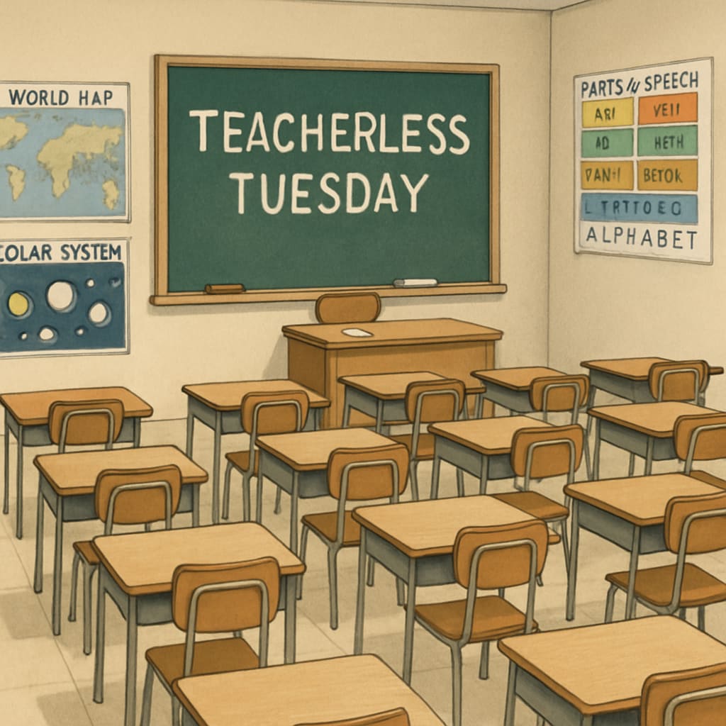 Empty classroom desks during a Teacherless Tuesday protest